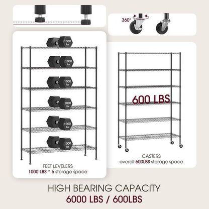 BestOffice 6-Tier Wire Storage Shelves - Heavy-Duty Adjustable Racks with Wheels | 48x18x77 | Black | Easy No-Tool Assembly