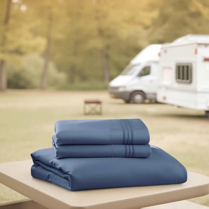 Hearth & Harbor Short Queen Sheets for RV, Navy Blue RV Queen Sheets, Silky Soft 1800 Microfiber Bed Sheet for Camper, 4 Piece RV Bedding with Pillowcases