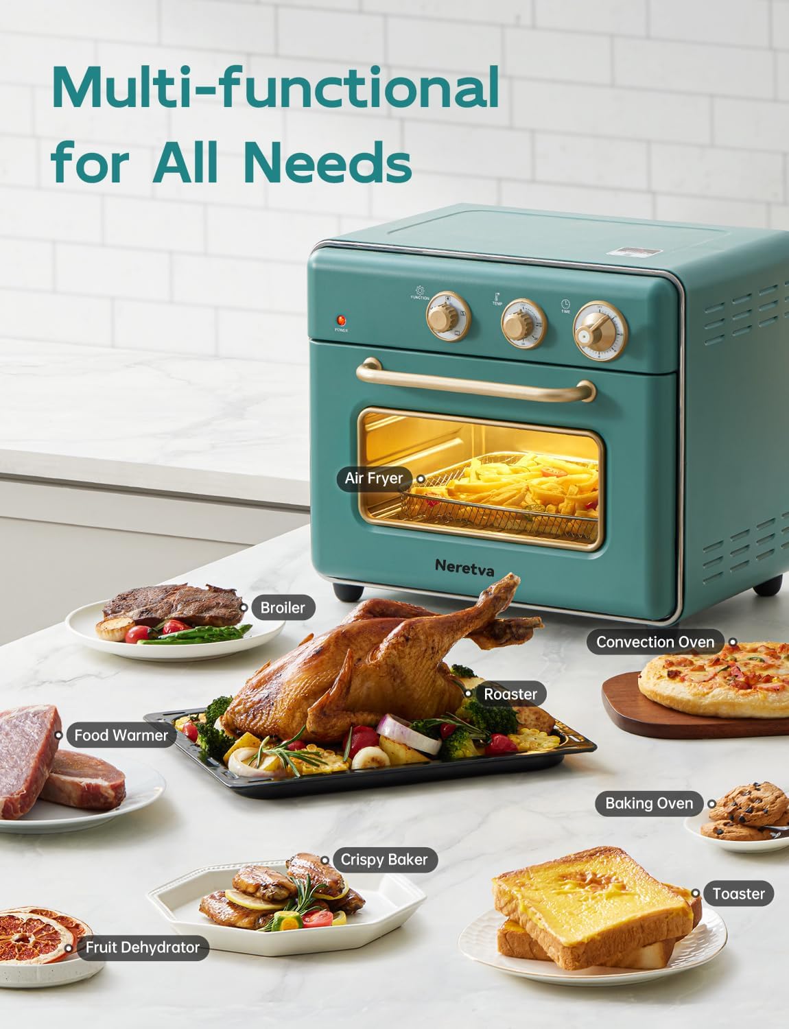 Neretva Toaster Oven & Air Fryer - 6-in-1 Compact 21 QT Stainless Steel Combo | 1500W Rapid Heat