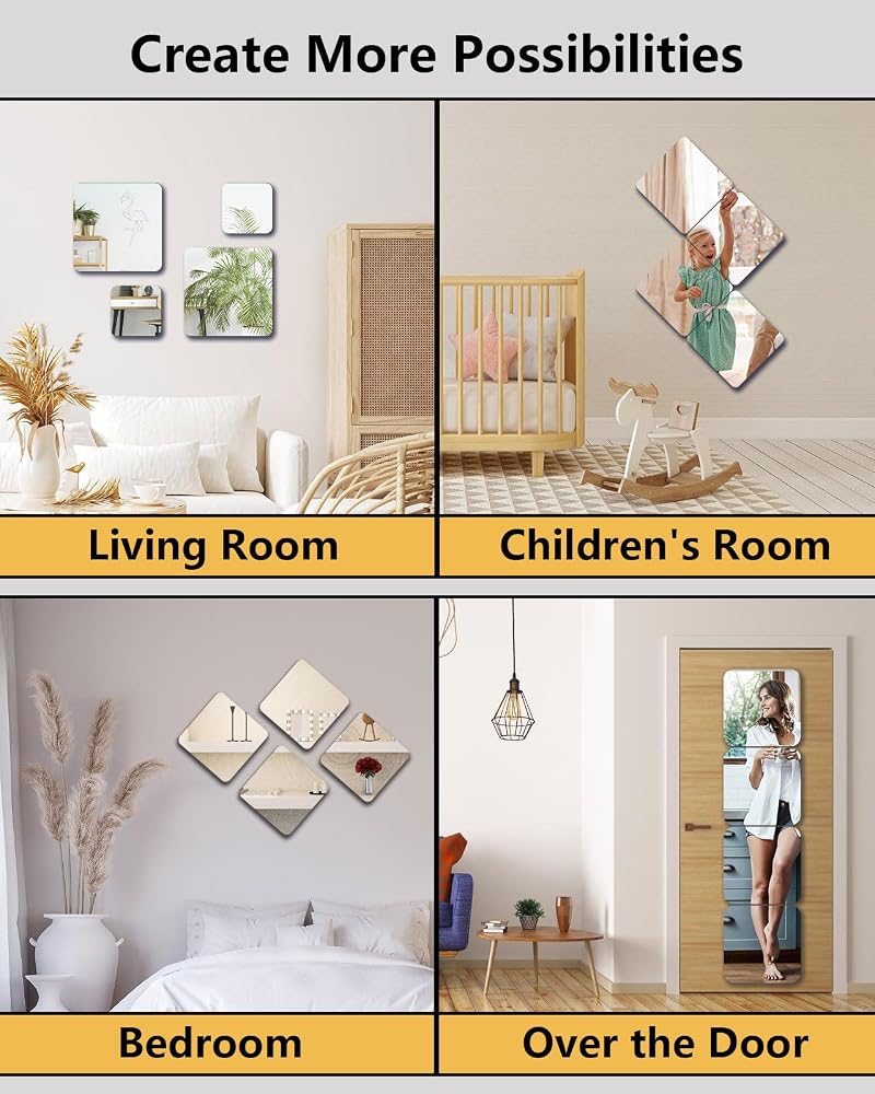 Unbreakable 4-Piece 16x16 Inch Peel & Stick Mirror Tiles for Walls