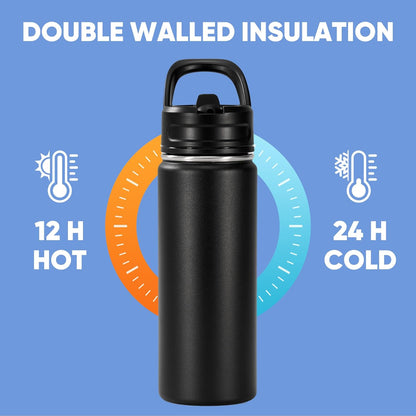 Skiennix 18oz Insulated Stainless Steel Water Bottle - Double Wall Vacuum, Leak-Proof, BPA Free, Black