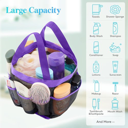 Lifewit Portable Mesh Shower Caddy - Quick Dry Tote with 7 Pockets for College Dorms & Travel | Purple