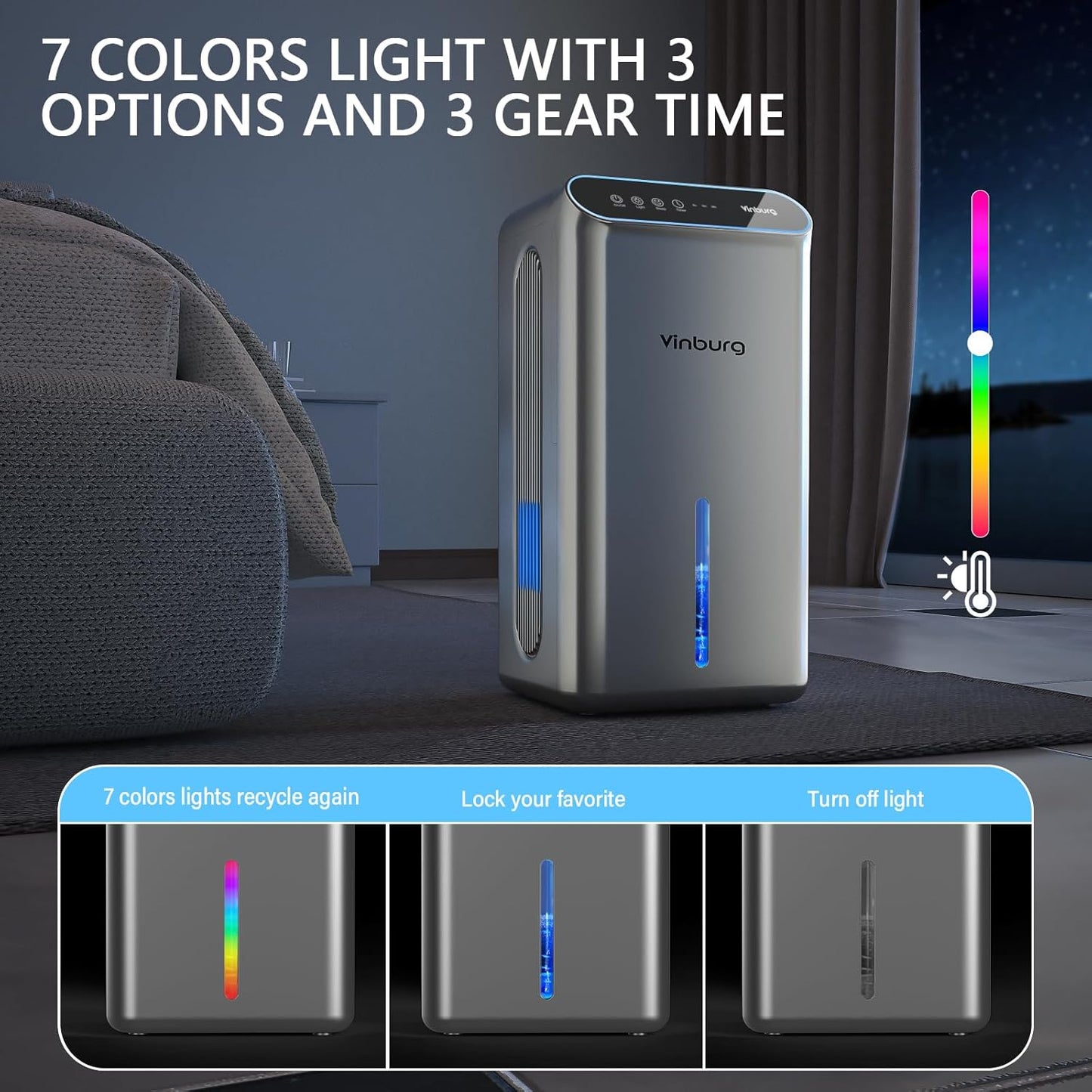 Skiennix Dehumidifier - Quiet 1000 Sq.Ft. Home Unit with Auto Shut Off & Aromatherapy | 7-Color LED Light