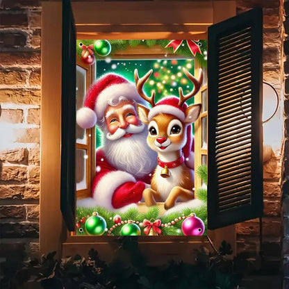 Christmas Window Cover 31x47 Inch Polyester Backdrop Banner with Santa & Rudolph
