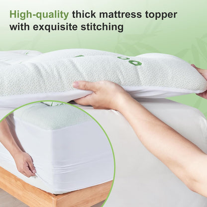 Skiennix Queen Size Mattress Topper - Soft Bamboo Viscose Pillow Top for Back Pain Relief | Cooling Protector, White