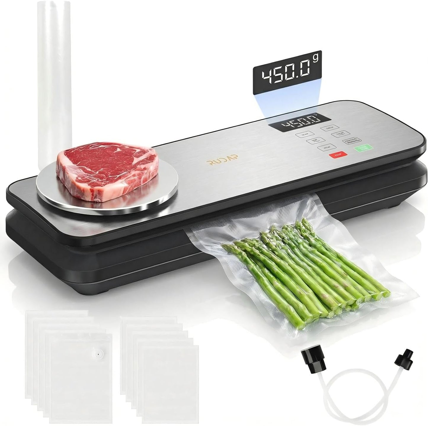 Skiennix Vacuum Sealer - 90kPA Powerful Food Saver with Digital Scale & 12-in-1 Modes | Includes 10 Bags & 1 Roll