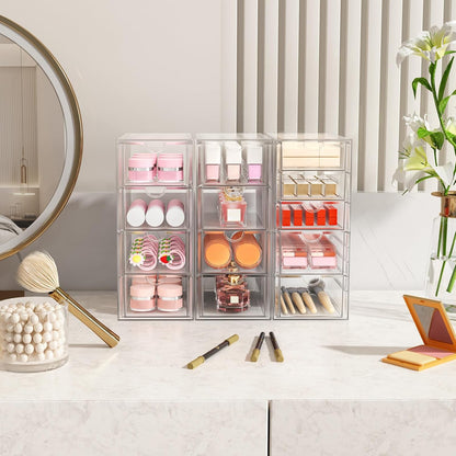 Skiennix Acrylic Makeup Organizer - 13 Drawer Bathroom & Desk Storage Solution | 3 Pack