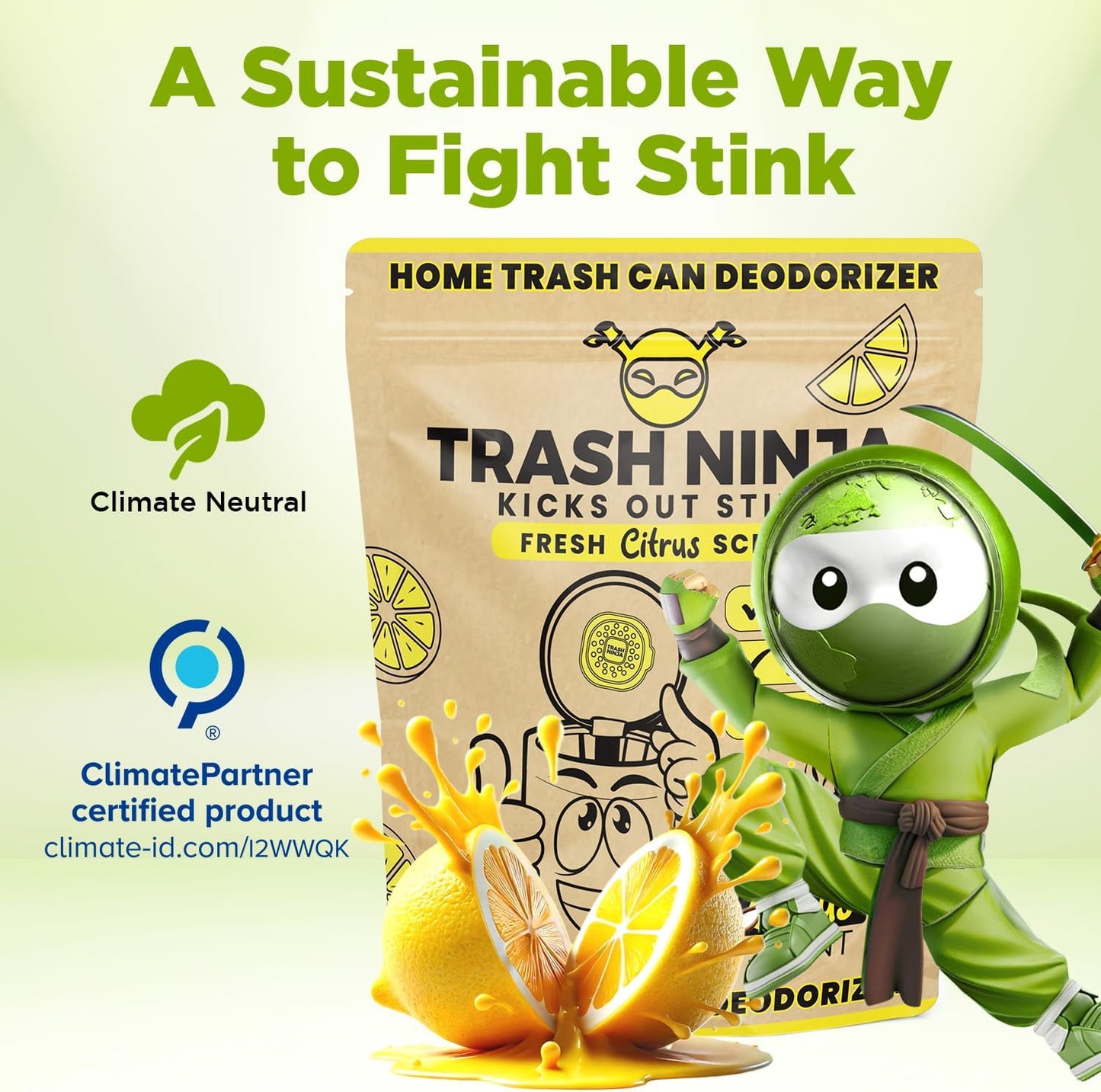 Trash Ninja Odor Eliminator - Long-Lasting Citrus Scent Deodorizer with Activated Charcoal | Freshens Garbage Cans, Fridges, Bathrooms, Kitchens & Diaper Pails
