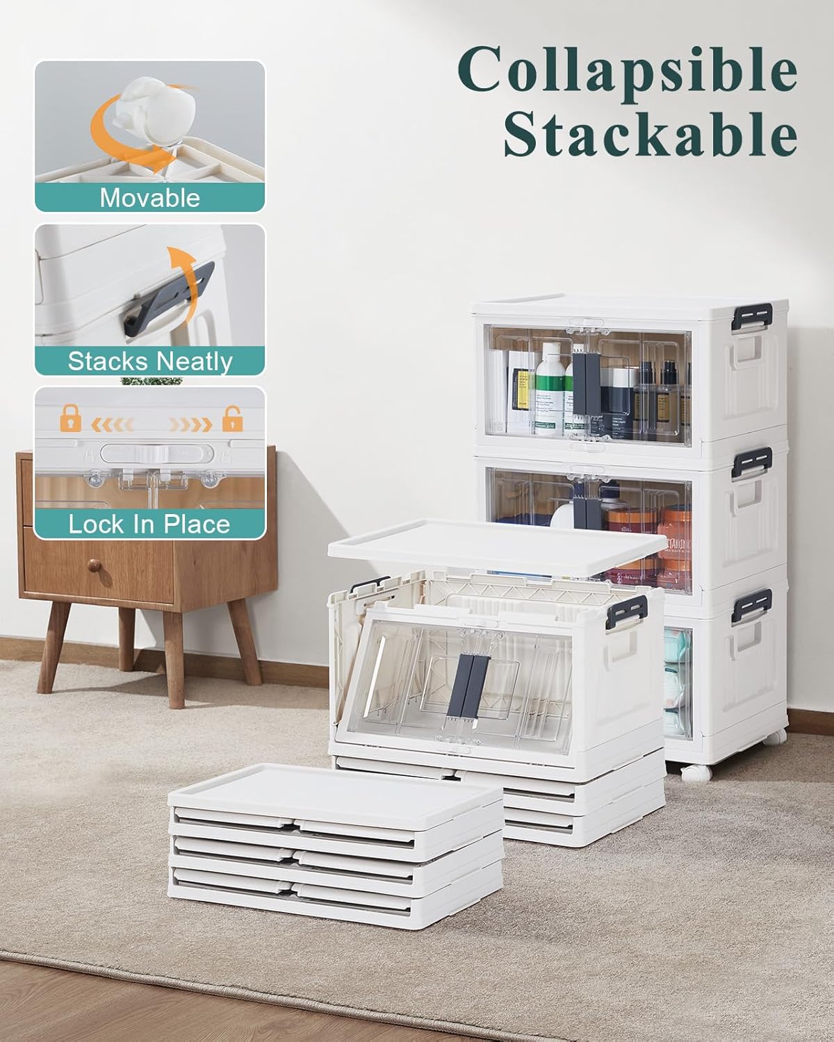 OlarHike 23QT Stackable Storage Bins - Collapsible Plastic Boxes with Lids & Wheels | 3-Pack for Home Organization