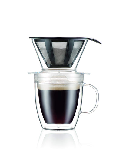 Bodum 12oz Pour Over Coffee Dripper Set w/ Double Wall Mug and Reusable Permanent Filter, Plastic, BPA-Free, Clear