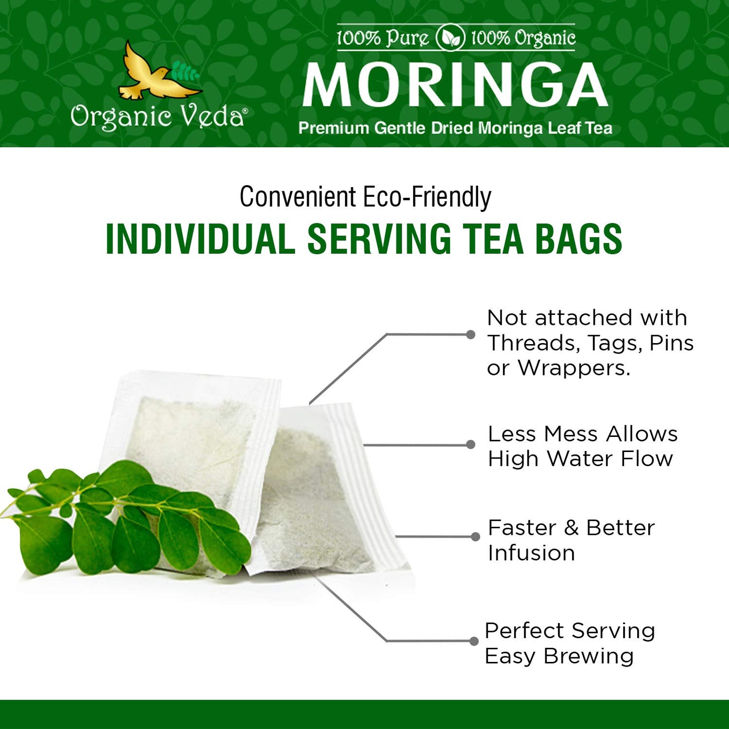 Organic Veda Moringa Tea Bags, Premium Dried Moringa Leaf Tea for Overall Wellness, Non-GMO, Caffeine-Free, & Gluten-Free Organic Tea, 120 Tea Bags