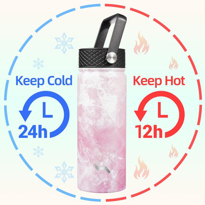 Skiennix 18 oz Insulated Stainless Steel Water Bottle - Marble Blossom | 3 Lids Included