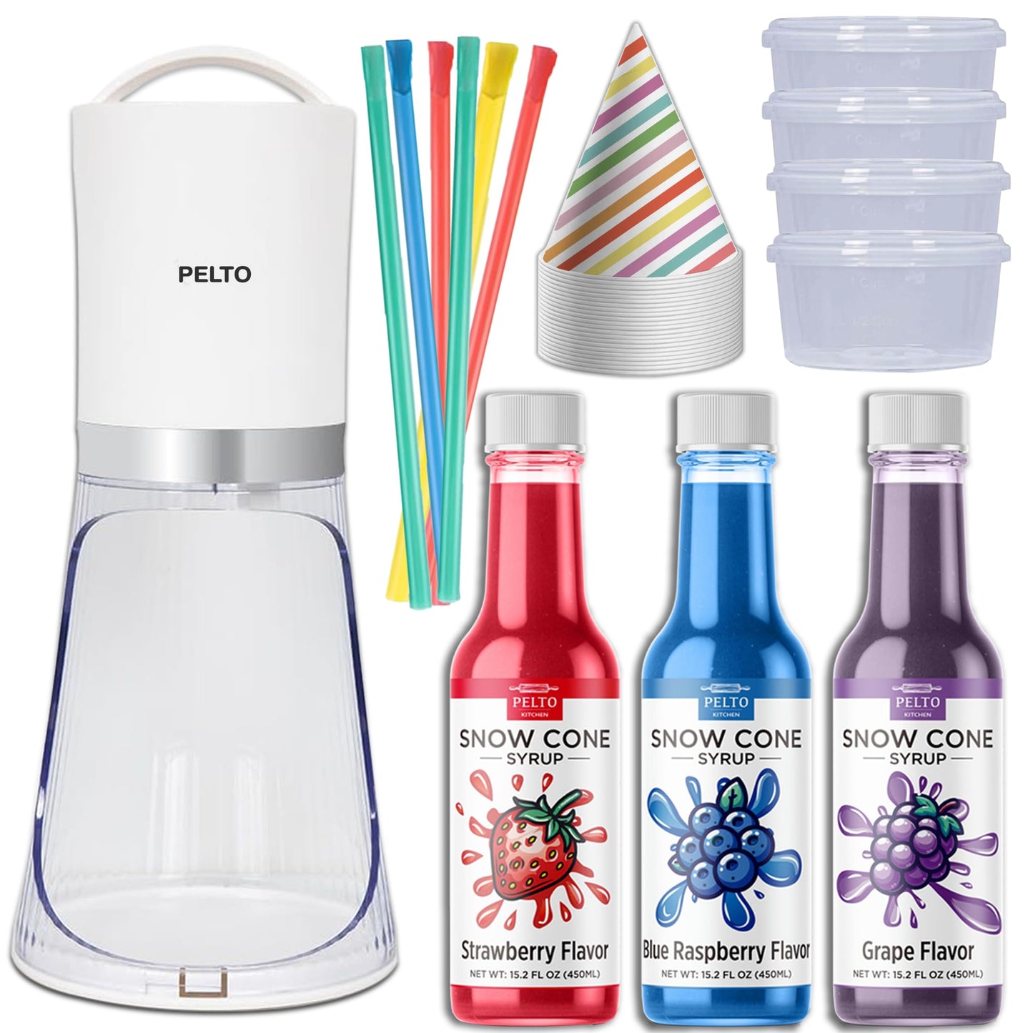 Snow Cone Machine set with 3 Flavors, 25 Cone Cups, 25 Straws, 4 Ice Molds - Strawberry, Blue Raspberry, Grape - Hawaiin Slushie Flavors - Electric Shaved Ice Maker Kit for Kids Birthday Gift Party