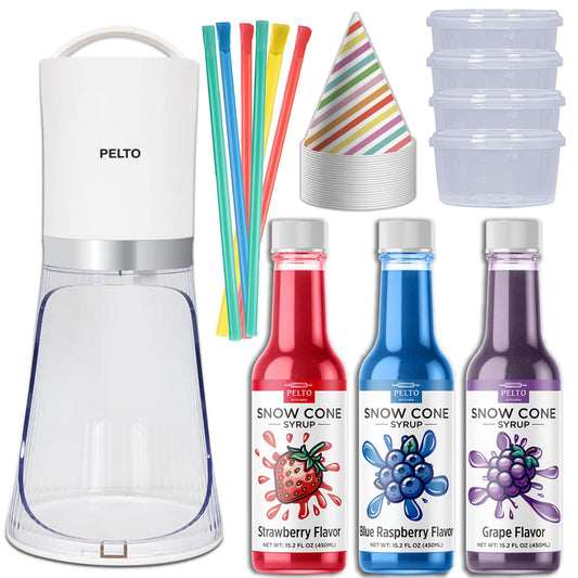 Snow Cone Machine set with 3 Flavors, 25 Cone Cups, 25 Straws, 4 Ice Molds - Strawberry, Blue Raspberry, Grape - Hawaiin Slushie Flavors - Electric Shaved Ice Maker Kit for Kids Birthday Gift Party
