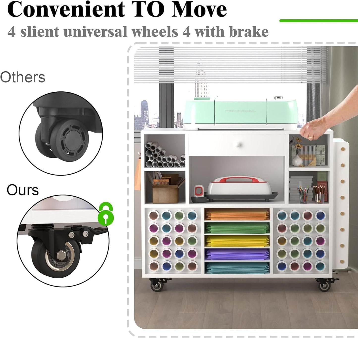 Skiennix Craft Organization Cart - Rolling Storage Solution with Large Drawer & 48 Vinyl Roll Holder | Ideal for Cricut Machines