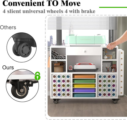 Skiennix Craft Organization Cart - Rolling Storage Solution with Large Drawer & 48 Vinyl Roll Holder | Ideal for Cricut Machines