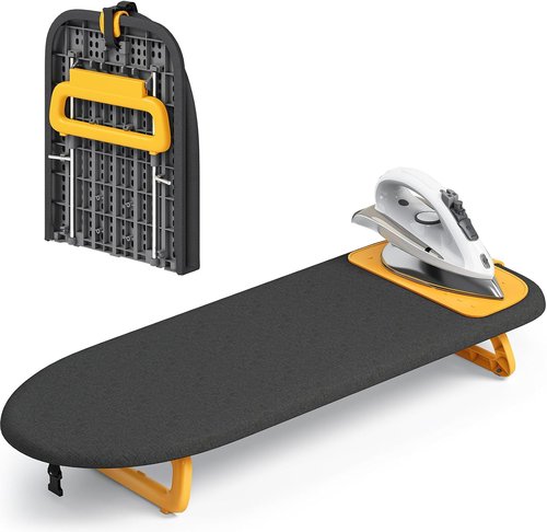 KINGBOARD Mini Ironing Board - Foldable Tabletop Design with Iron Mat for Easy Travel | 12x32 Black