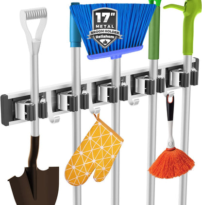 Reliahom Broom Holder Wall Mount - 5 Racks & 4 Hooks for Organized Garage, Kitchen & Garden Storage
