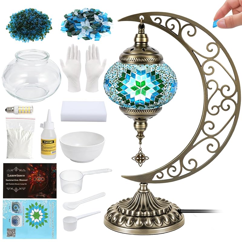 Lamwinsco DIY Turkish Mosaic Lamp Kit - Green Variation, Crescent Moon Table Lamp