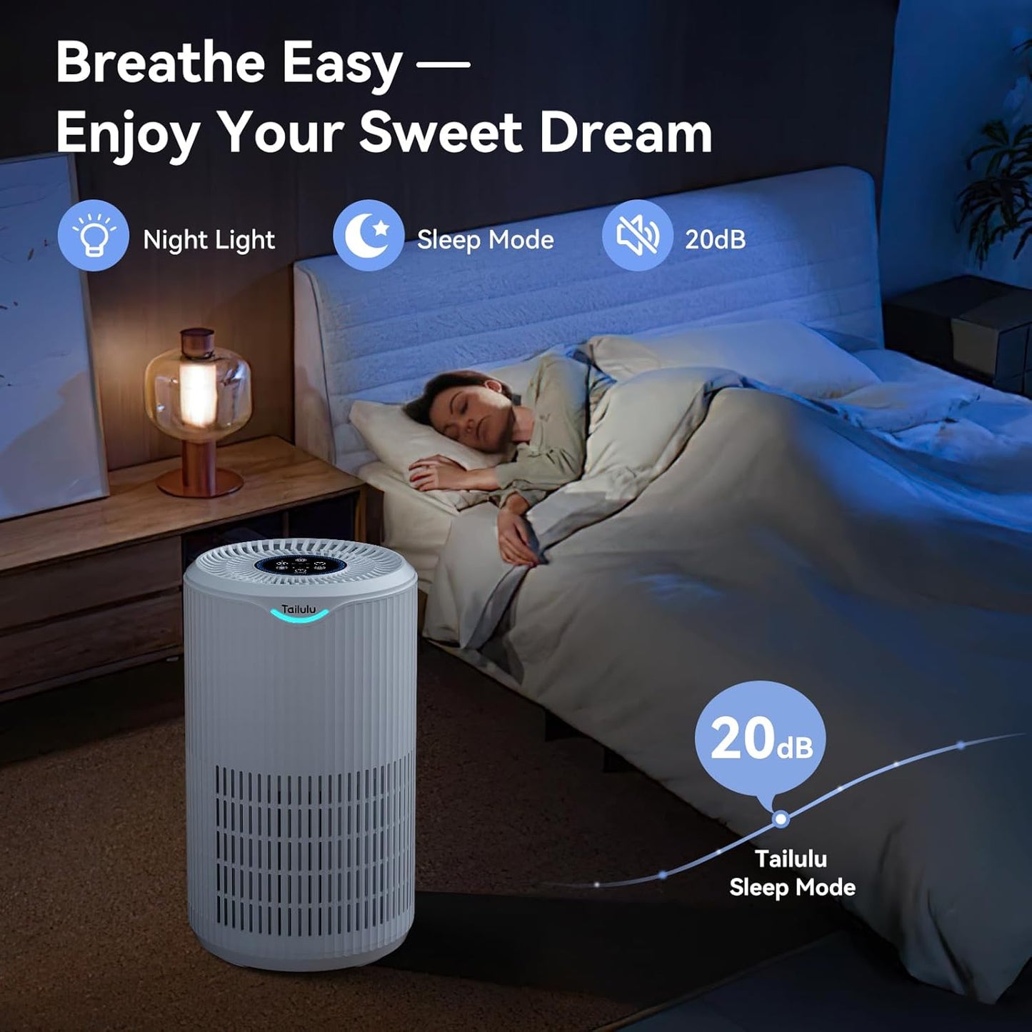 Tailulu H13 HEPA Air Purifier - 360° Air Intake & Outlet for Large Rooms Up to 1680 Ft² | Quiet 15dB Sleep Mode