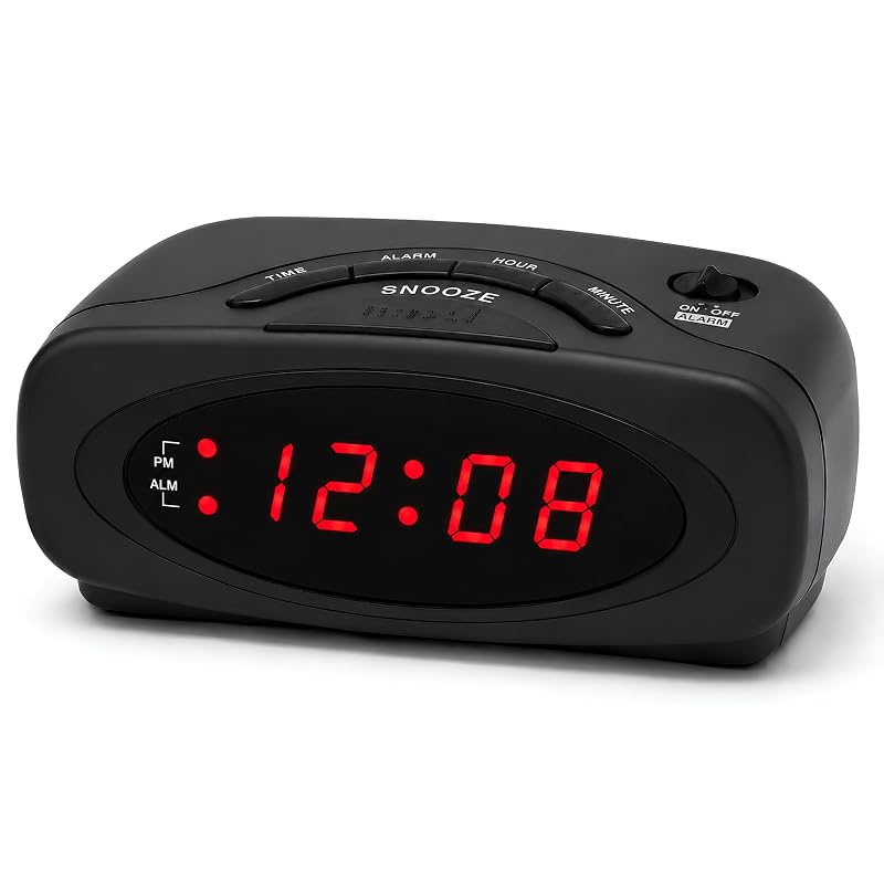 Digital Alarm Clock with Red LED Display – Snooze & Battery Backup, Bedside Desk Clock