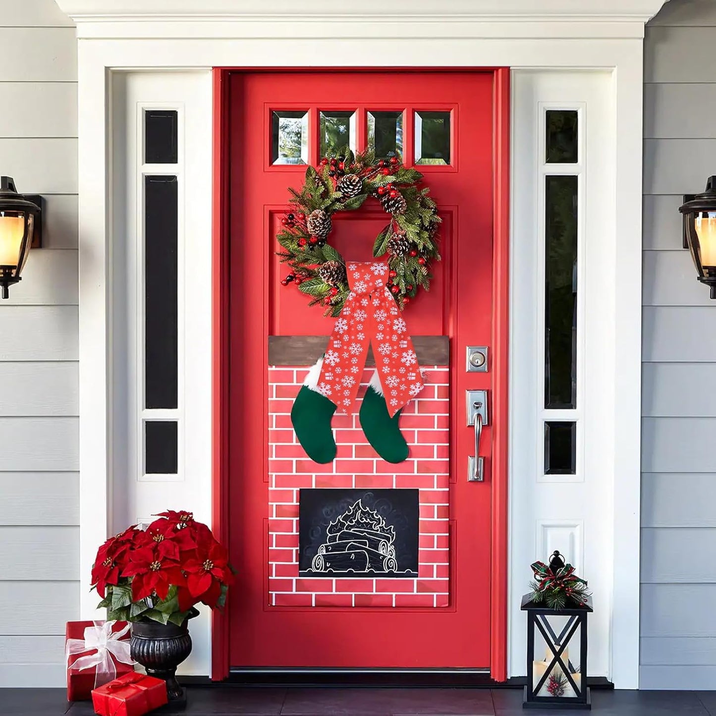 Red Satin Sash by Wreath - 2pcs Front Door Decor with Christmas Bow Embroidery | Indoor/Outdoor Use