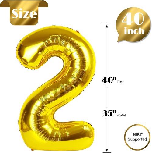 Gold 2 Balloon | 40-Inch Number Balloon for 2nd Birthday Party Decorations