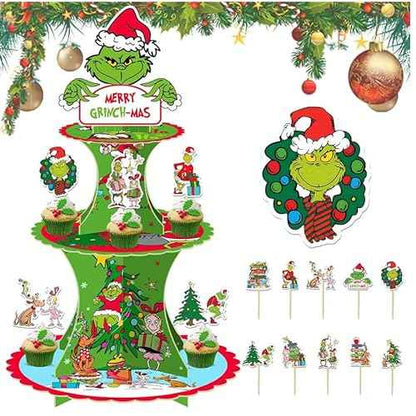 Grinee 3-Tier Cupcake Stand with 12pcs Toppers - Christmas Cupcake Holder & Decorations for Parties