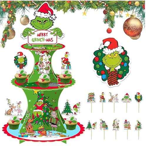 Grinee 3-Tier Cupcake Stand with 12pcs Toppers - Christmas Cupcake Holder & Decorations for Parties