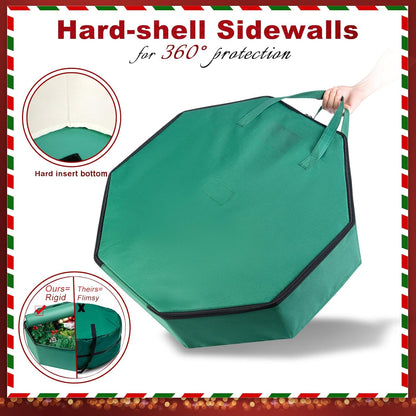 BrilliantJo Wreath Storage Bag - Hard Shell Christmas Decoration Case with Pockets | 24-Inch Green 600D Oxford Fabric