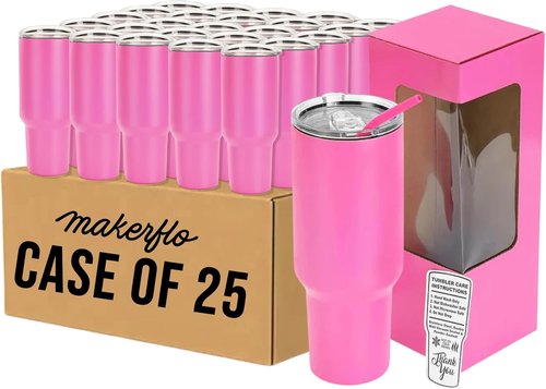 Makerflo 40 oz Pink Powder Coated Tumbler - Pack of 25 with Upgrade Handle & Leak-Proof Lid for Crafting