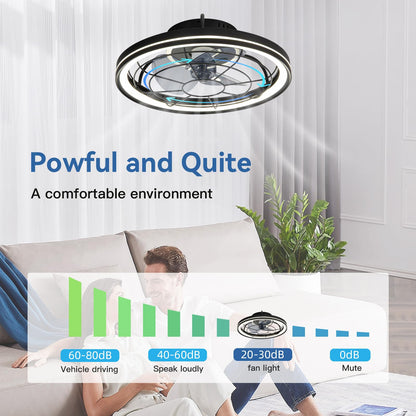 Liibodi Enclosed Ceiling Fans with Lights, Flush Mount Modern Ceiling Fan and Remote Control,18.89 In Fandelier Ceiling Fan with Light,3000K-6500K Dimmable LED Fan Light,Black Ceiling Fans with Lights