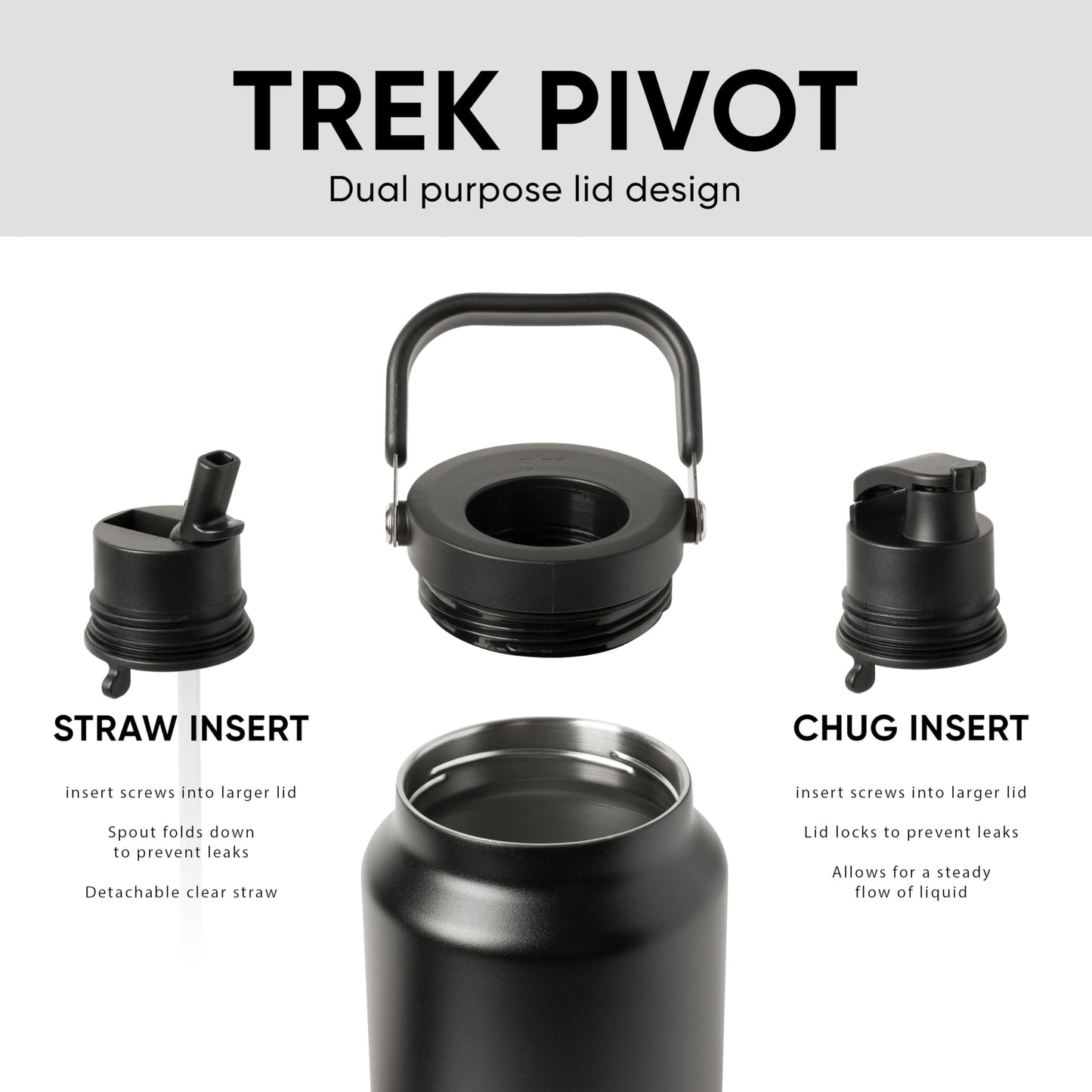 Simple Modern Trek Pivot | Half Gallon Water Bottle Jug with Handle & Boot | Interchangeable Straw & Chug Lids | Large Insulated Stainless Steel | Sports Camping Outdoors | 64oz, Midnight Black