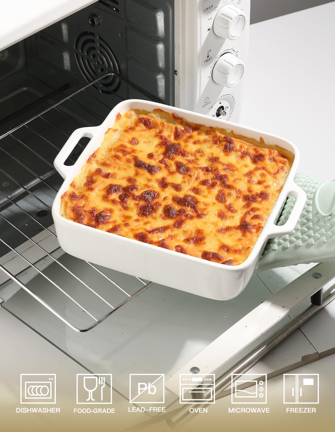 Sweejar 8x8 Baking Pan - Ceramic Casserole Dish with Double Handles | 2 QT White Square Dish for Brownies & Lasagna
