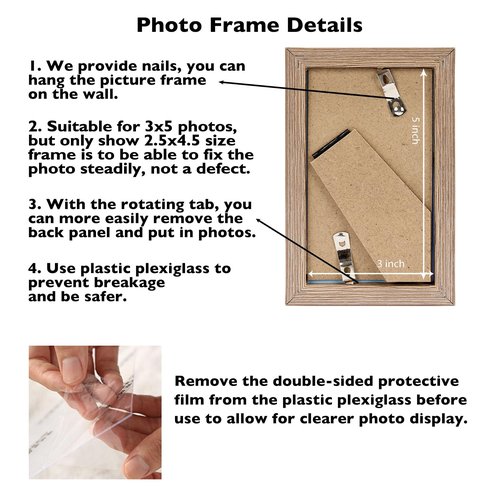 JCJMY 3x5 Picture Frame for Tabletop, 3 x 5 Photo Frame with Shatter Resistant Plexiglass, Sturdy 3 by 5 Poster Frame, Rustic Brown