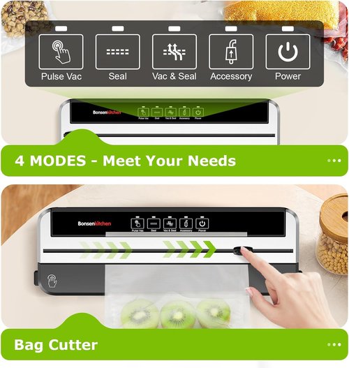 Bonsenkitchen Vacuum Sealer Machine - Multifunctional Food Sealer with Built-in Cutter | Silver-Black, 5 Pre-Cut Bags