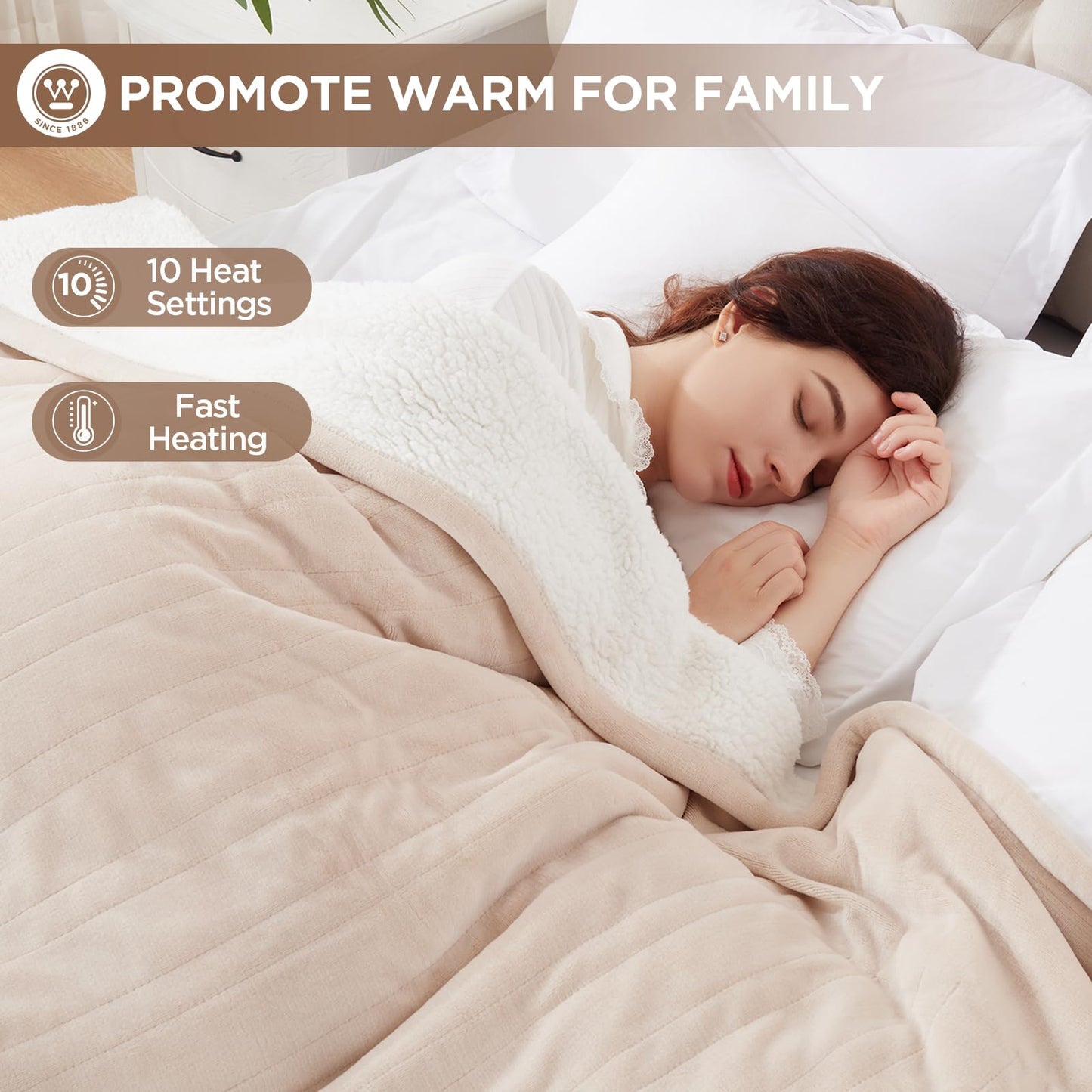 Westinghouse Heated Blanket Twin Size, Soft Flannel to Sherpa Electric Blanket with 10 Heating Levels, 1-12 Hours Auto Shut Off, Fast Heating, Machine Washable, 62x84 Inch, Beige