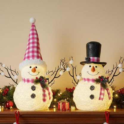 Skiennix Lighted Plush Snowmen Figurines - 14" Christmas Table Decorations | Battery Operated Holiday Ornaments