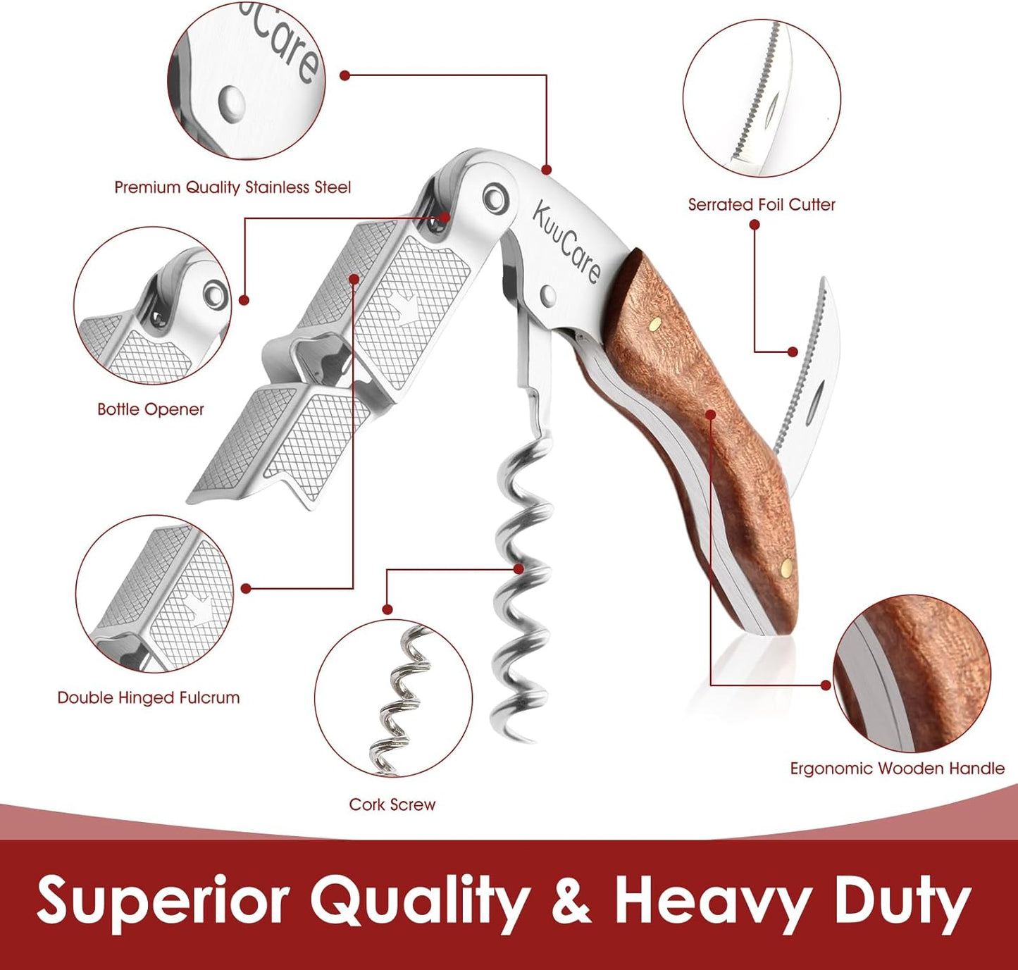 Wine Opener Waiter Corkscrew, Premium 420 Stainless Steel Wine Bottle Opener with Foil Cutter & Cap Remover, Double Hinged Manual Wine Key for Bartenders, Servers, Waiters and Home Use, Rosewood