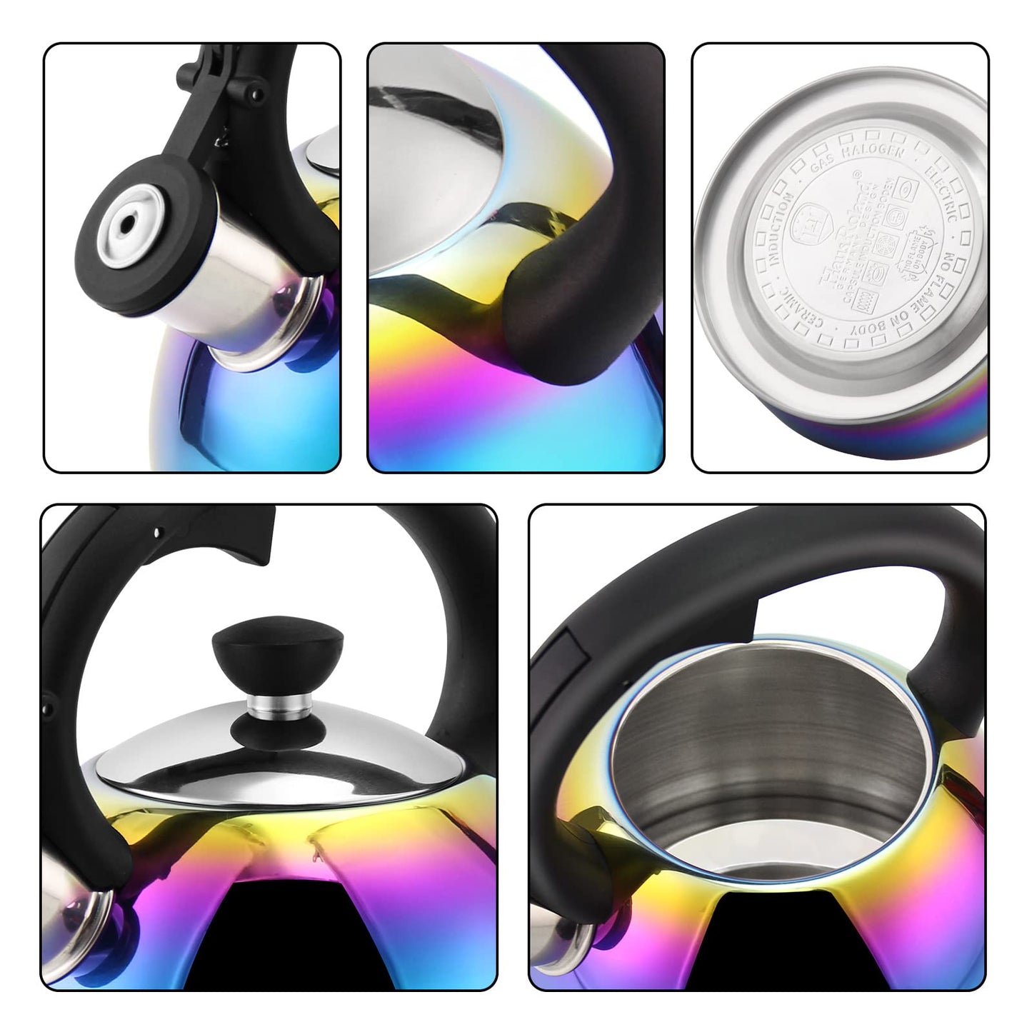 SHANGZHER Stainless Steel Coffee Tea Kettles Whistling Kettle for Gas Hob Induction Gas Kettle with Whistle Stovetop Kettles 2.1 Qt / 2 Liter Rainbow Color