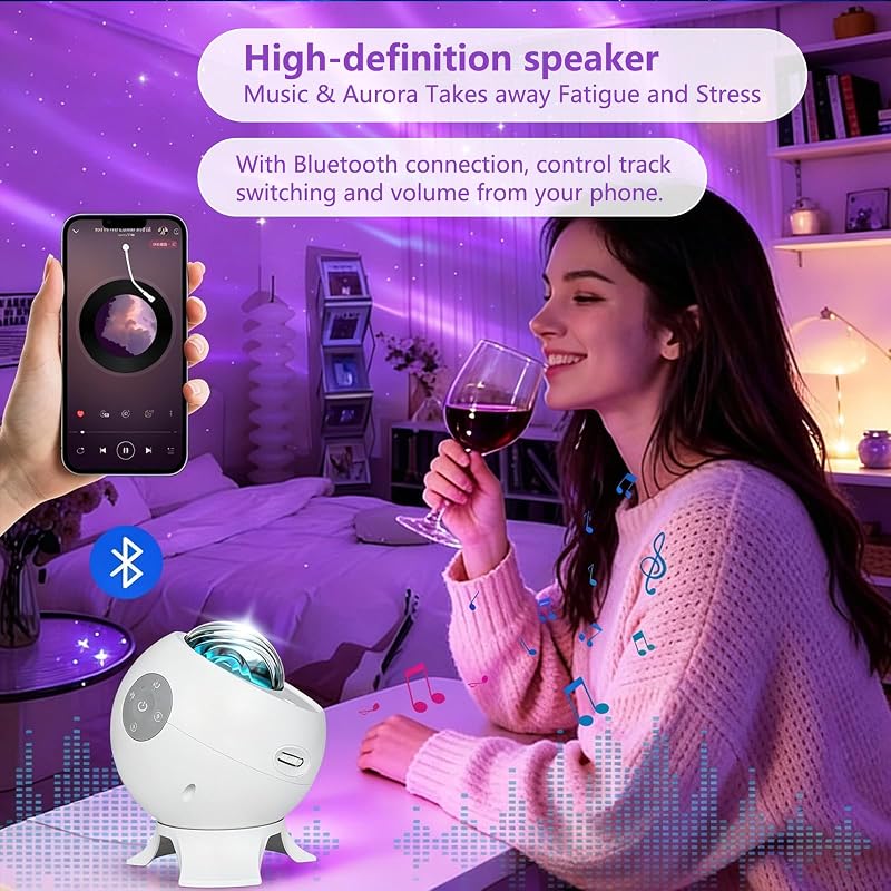 Galaxy Star Projector Night Light with Bluetooth Speaker & Aurora Show