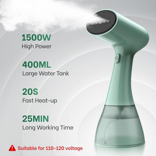 GS01 Handheld Clothes Steamer - 1500W High Power, 400ml Water Tank, Fast 20S Heat-Up | Portable Travel Design (Green)