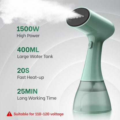 GS01 Handheld Clothes Steamer - 1500W High Power, 400ml Water Tank, Fast 20S Heat-Up | Portable Travel Design (Green)