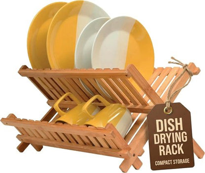Bambusi Collapsible Bamboo Dish Drying Rack - Eco-Friendly 2-Tier Foldable Drainer for Kitchen Countertop