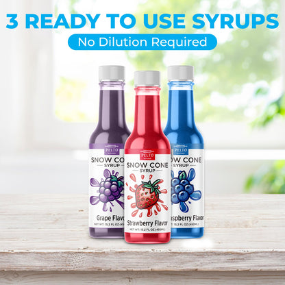 Snow Cone Machine set with 3 Flavors, 25 Cone Cups, 25 Straws, 4 Ice Molds - Strawberry, Blue Raspberry, Grape - Hawaiin Slushie Flavors - Electric Shaved Ice Maker Kit for Kids Birthday Gift Party