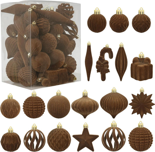Regine Switzerland 50 Pcs Brown Velvet Christmas Balls - Flocked Hanging Ornaments for Holiday Decor