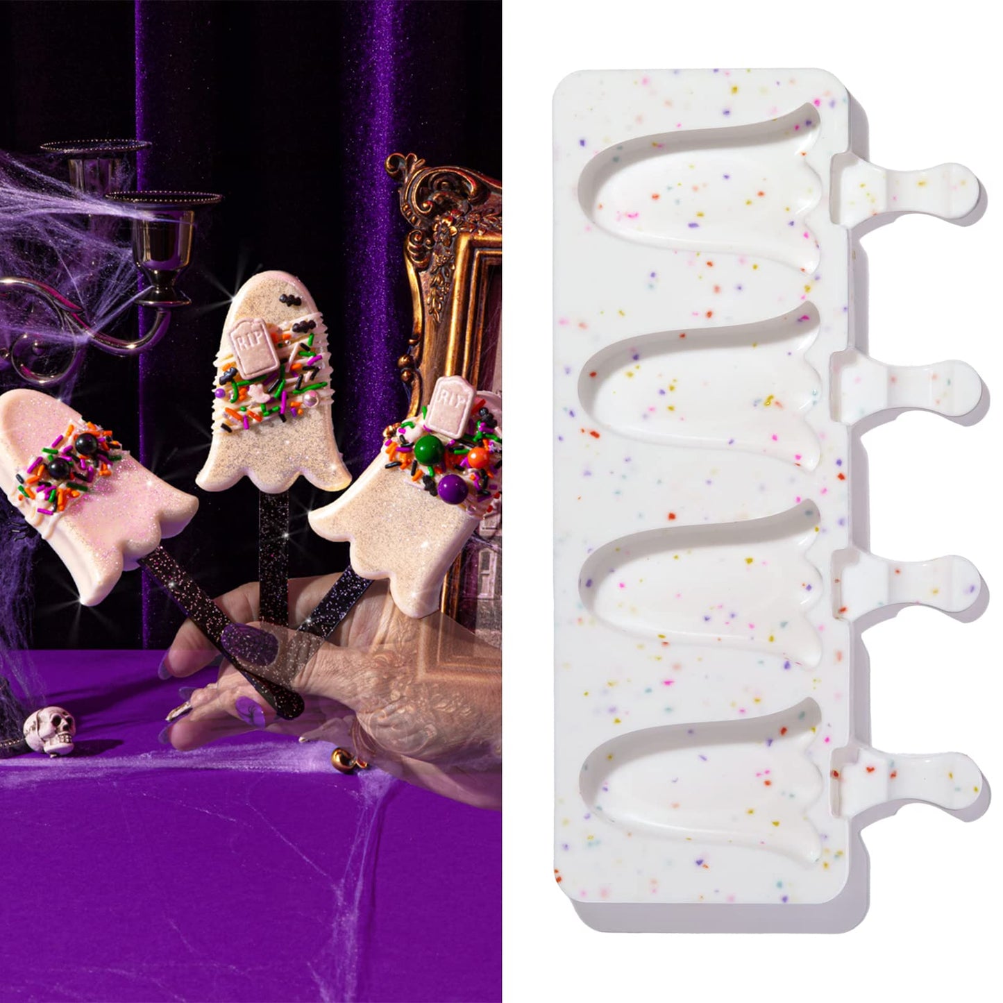 Fancy Sprinkles Limited Edition Halloween Billie Ghost Mold, 4 Cavities Reusable Silicone, For Baking & Dessert Decorating, Includes 8 Black Glitter Acrylic Sticks (10 ¼” W x ⅞” H x 6 ⅜” D)