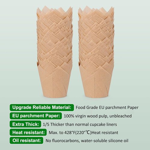 Caperci Natural Tulip Cupcake Liners - 150 Unbleached Parchment Baking Cups for Parties & Events