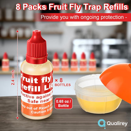 Qualirey Fruit Fly Trap Refill Liquid - 8 Pack, 0.68oz Bottles, Non-Toxic & Safe for Indoor Use