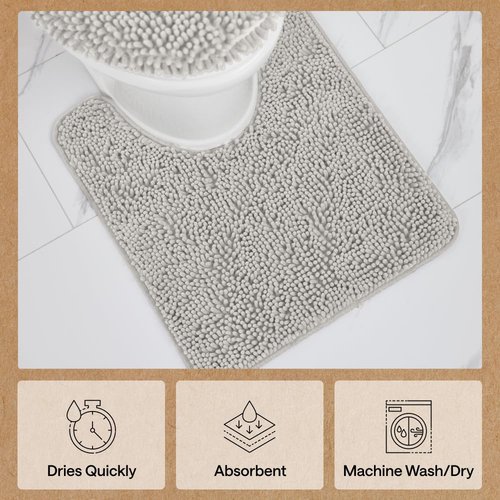 GORILLA GRIP Plush Absorbent Shaggy Chenille Bath Rug Mat for Oval Toilet Base with Rubber Backing, Machine Washable Rugs, Soft Microfiber Contour Mats for Toilets, Bathroom Decor, Lt Gray